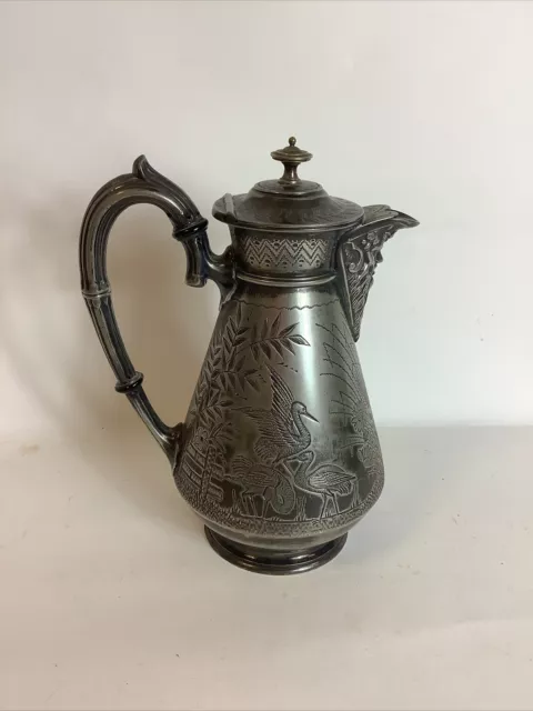 Silver Plated Ornate Water Jug With Engraved Crane Pattern 20thc #k