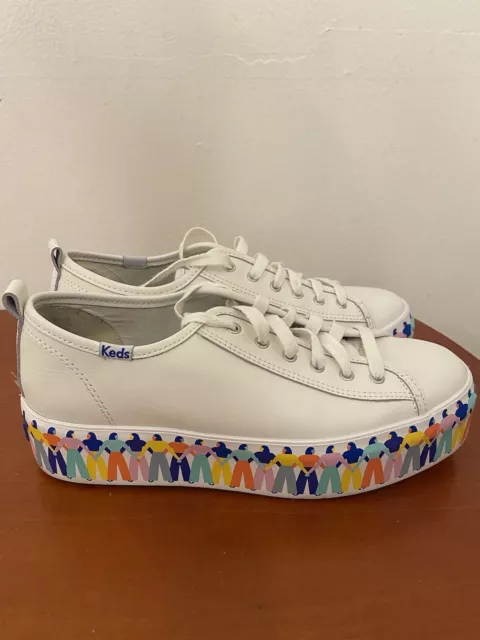 Keds Triple Up Leather Shoes Rainbow People White Platform WH65551  size 8