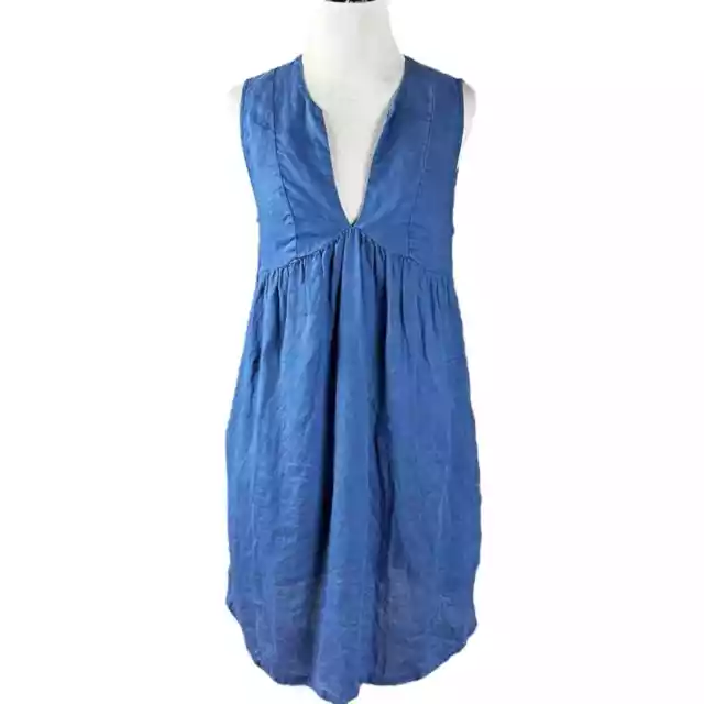 James Perse 100% Flax Linen V Neck Empire Waist Mini Sleeveless Dress Blue 0