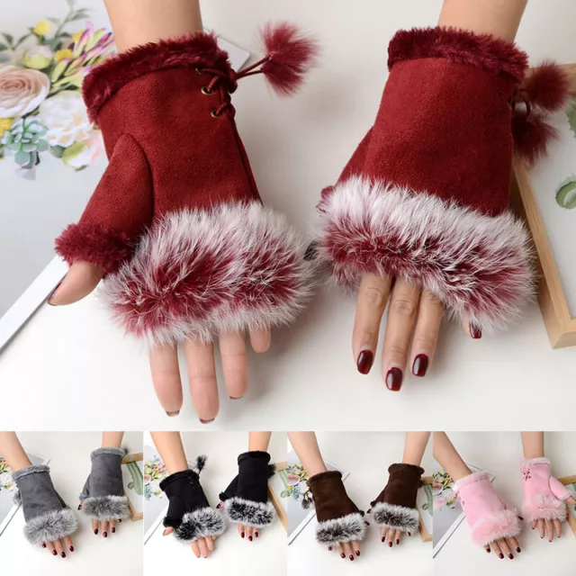 Gants D'hiver Sans Doigts Avec Bordure En Fourrure Pour Femme Mitaines 》