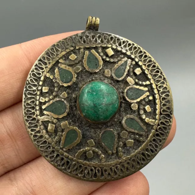 Lovely Unique Old Antique Afghan Brass Pendant With Genuine Torquise Stone