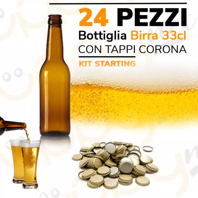 24 Pezzi Bottiglia Bottiglie Longneck Vetro Ambra Birra 33 cl tappi corona