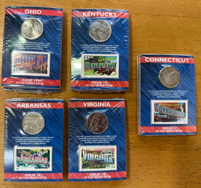 5 Sealed Packs of 25 Different 2002 US State Quarters with USPS State Stamps