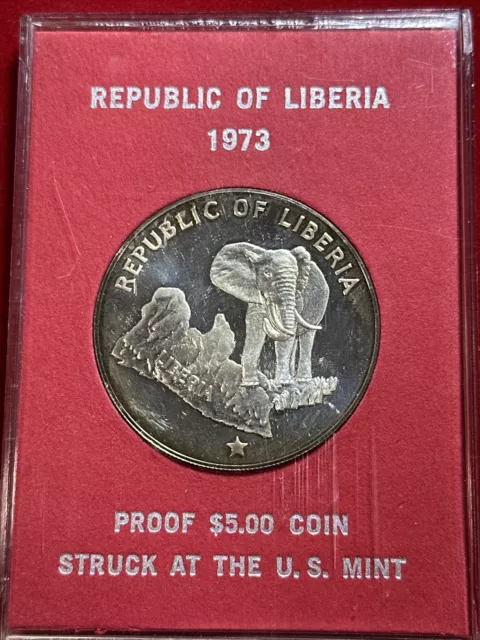 💰 1973 Republic of Liberia $ 5 Silver Coin .900 Silver in Original plastic box