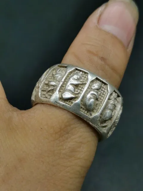 Exquisite Old Chinese Tibet Silver Handcarved Zodiac Ring