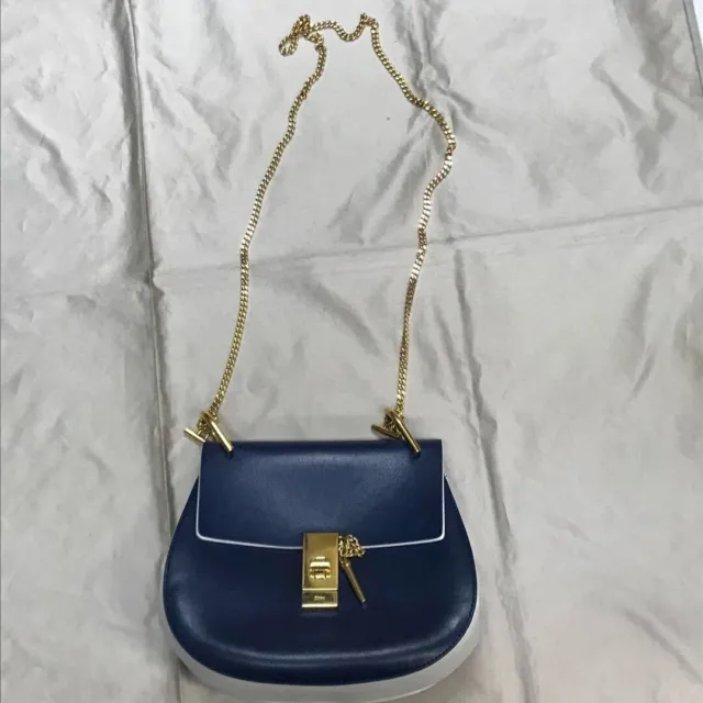 Chloe Drew Navy x Off Chain Shoulder Bag Leather w/Storage bag From Japan