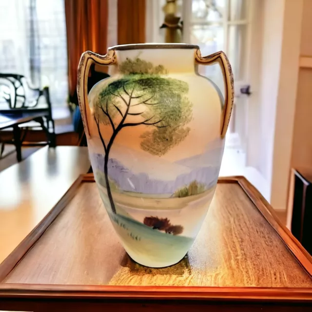 Ancient Nippon Triple Handled Vase 5.5" Hand Painted Lake Scene Collector Gift