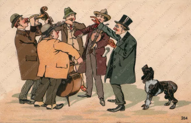 1913 Banda che suona con cane Cartolina umoristica