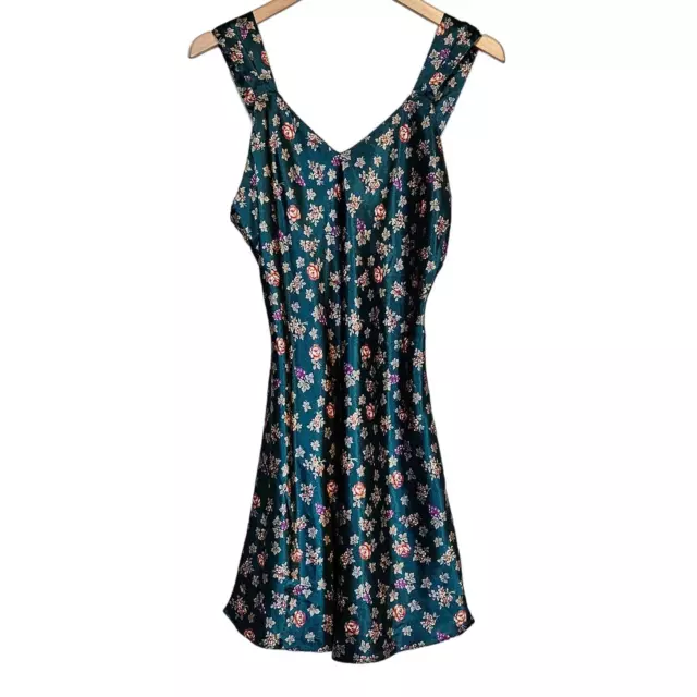 Satin and Beaux Green Floral Mini Slip Dress Vintage 90s Women's Medium