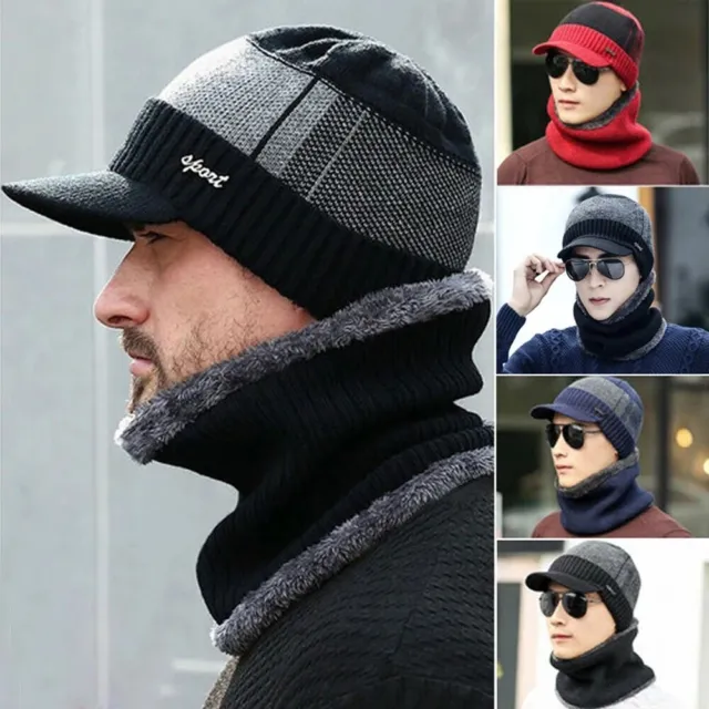 Winter Men Fleece Lined Beanie Knitted Cap & Scarf Fashion Warm Ski Hat Outdoor