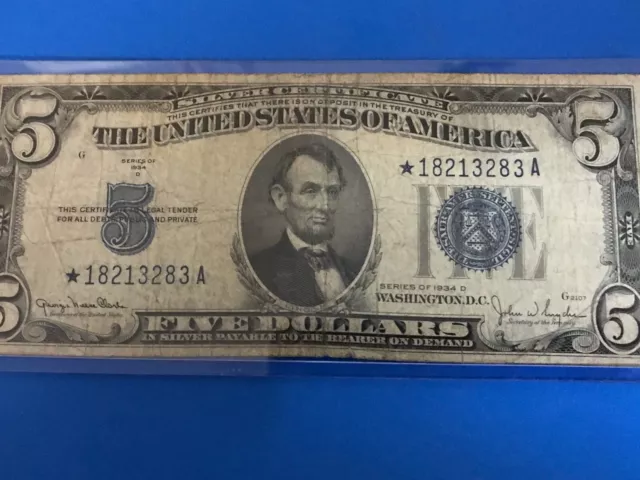 1934 D  $5 Five Dollar Silver Certificate STAR NOTE..  Lot #5