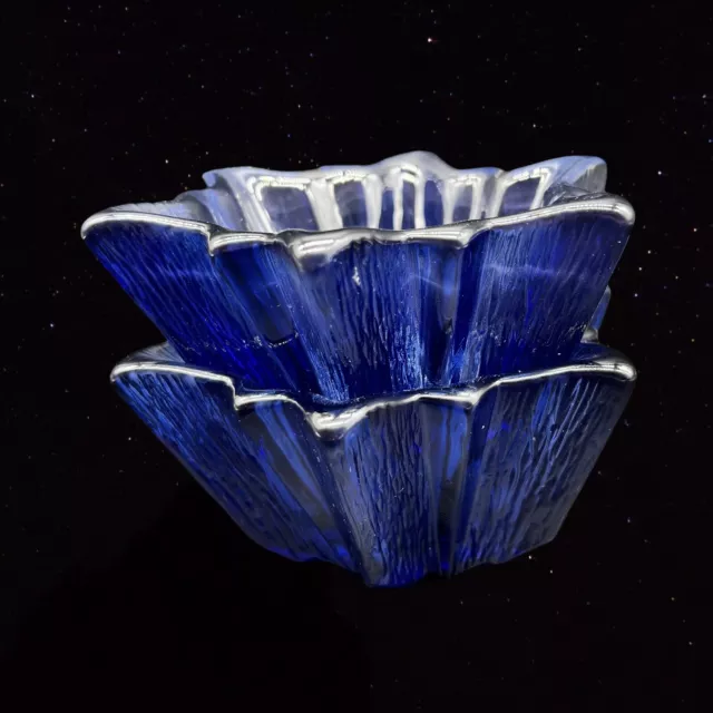 Art Glass Candle Holder Lot Cobalt Blue Star Shapped Set 2”T 5”W Vintage 2