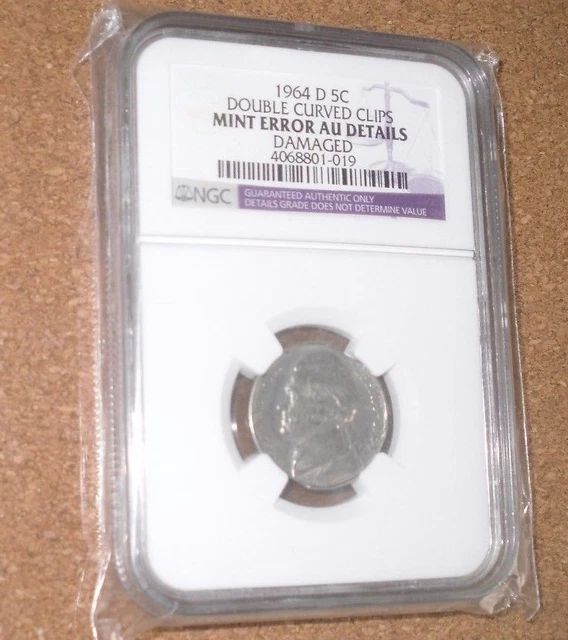 1964 D 5c Nickel Double Curved Clips Mint Error NGC AU Details Damaged