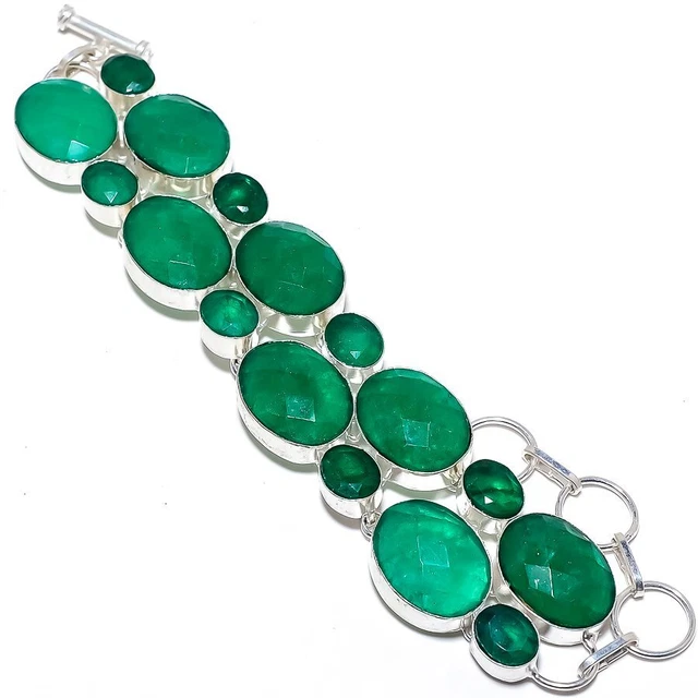 Émeraude (Simulé) Pierre Précieuse Fait à la Main 925 Argent Bracelet Argenté
