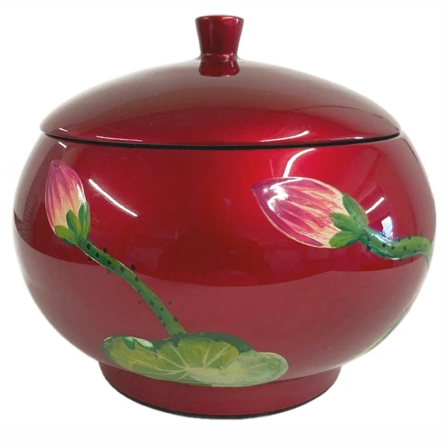 Decorative Wooden Red Bowl With Lid Lacquered & Inlaid red Flower Egg-Shell