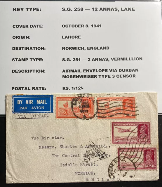 1941 Lahore India Censored Airmail Cover To Norwich England Via Durban