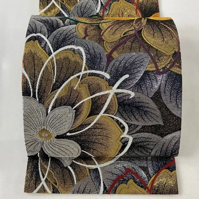 Japanese Kimono Obi Pure Silk Flowers Gold Thread Foil Black Color For Formal