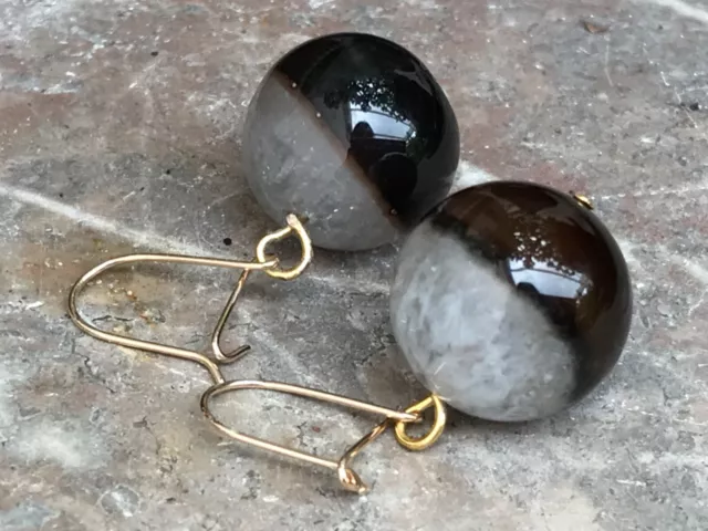 Huge Antique Victorian  9 ct gold  banded agate quartz dangly drop hook earrings