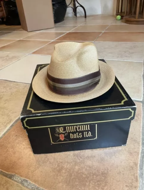 Antique Churchill LTD Hats Straw Best  vintage Panama hat with box 58 CM 7 1/4