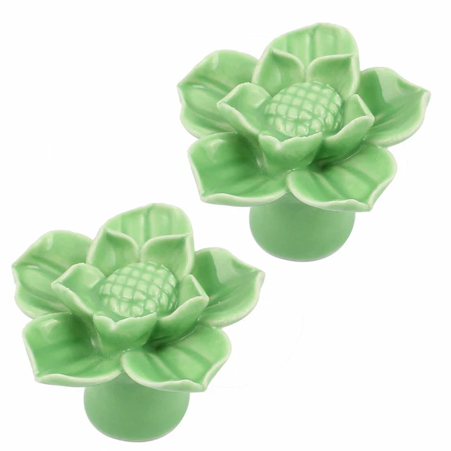Cabinet Wardrobe Drawer Door Pull Lotus Flower Shape Ceramic Knobs Green 2pcs