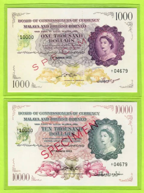 Malaya British & Borneo 1000 10000 Dollars 1953 P6 7 UNC - Reproduction Specimen