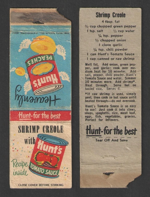 Hunts Tomato Sauce Peaches Shrimp Creole Recipe {2-Sided} Matchbook Cover