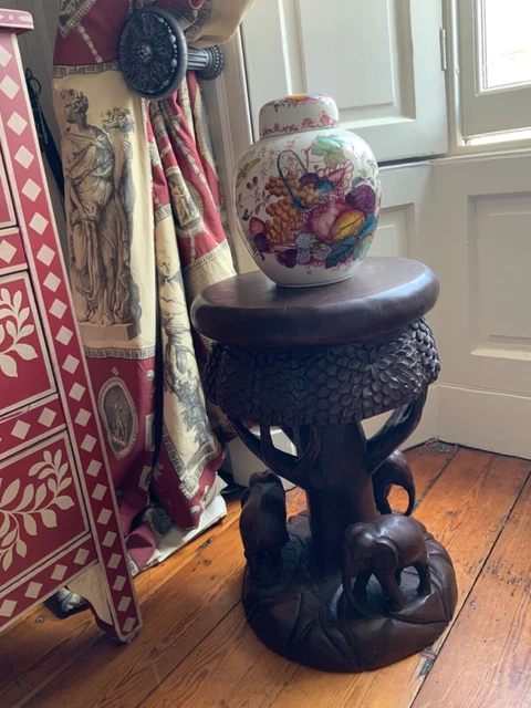 Unique Rare Antique Unusual Mid Century Hardwood Table Carved Elephant