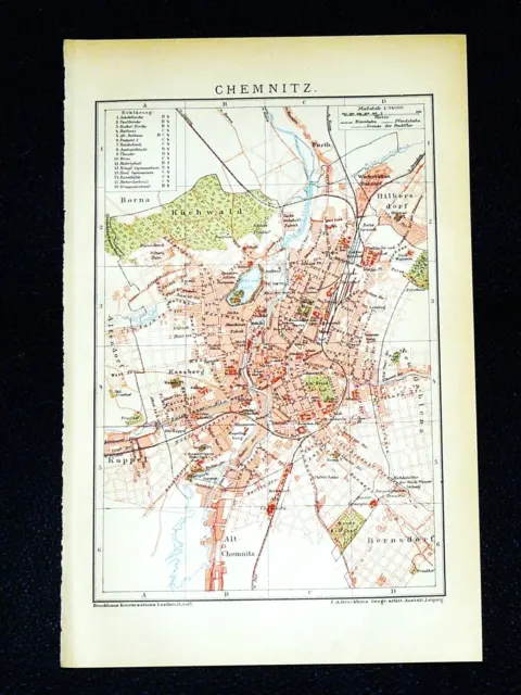 CHEMNITZ Stadtplan mit Straßenregister Lithographie & Text von 1894 – 130 Jahre