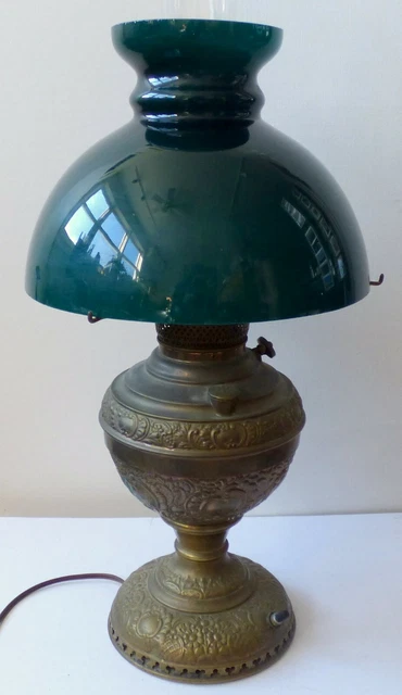 Antique Miller New Juno No. 2 Brass Oil Lamp w Cased Green Shade Electrified 403