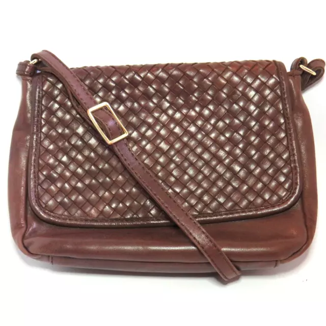 Vintage Margot Women's Brown Leather Crossbody Bag Woven Leather Flap