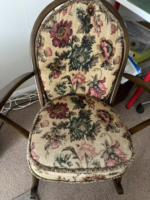 Vintage Mid Century Ercol Rocking Chair With Original Floral Seat Cushions