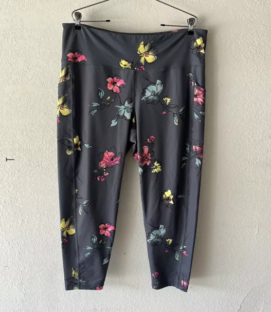 Ideology gray floral 3/4 length leggings womens sz XXL side pockets hi waist