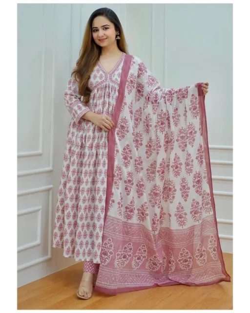 New Stylish Printed Kurti Palazzo Dupatta Anarkali Women Cotton Fabric Gift Suit