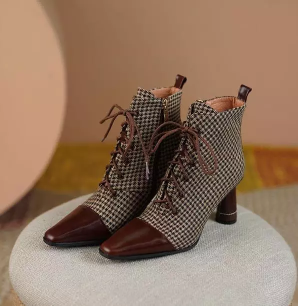 Women's Classic Lace-Up Block Hight Heel Pointed Toe Ankle Boots Zipper Shoes