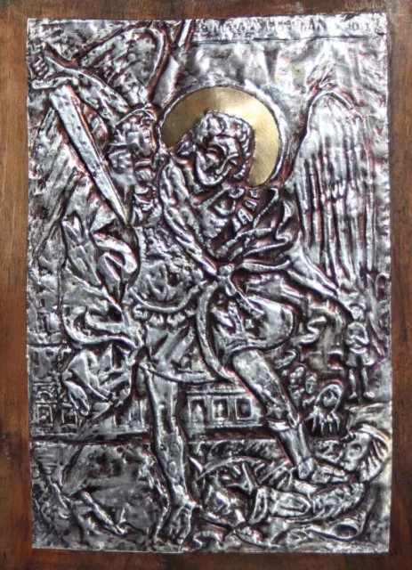 Hand Made Religious Tin/Wood Plaque Archangel Michael Slaying Lucifer