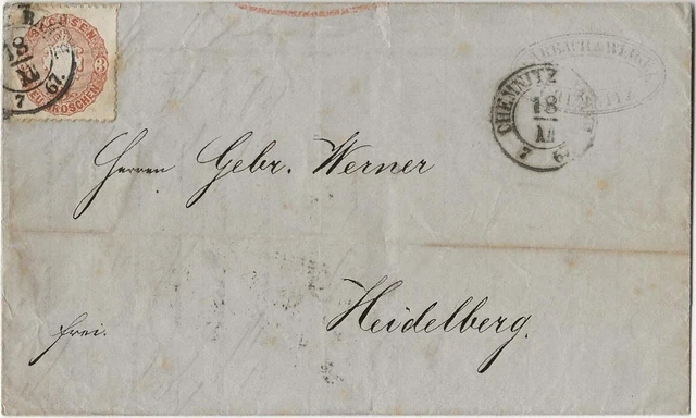 Sachsen - EF Michel-Nr. Nr. 18 auf Faltbrief von Chemnitz nach Heidelberg 1867