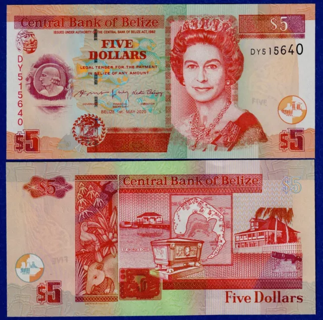 Belize  5 Dollars (2020) P-67 (New) QE II, UNC Banknote