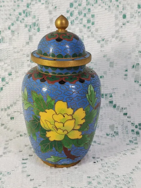 Vintage Blue Cloisonne Brass & Enamel Floral Ginger Jar Urn 4 1/4" Tall