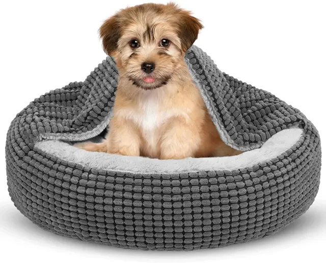 Small Dog Bed with Attached Blanket, Cozy Donut Cuddler Anti-Anxiety Hooded Pet