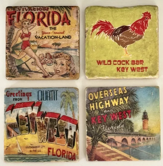 Set of 4 Vintage Key West FL Ceramic Coasters Retro Postcard Theme Wild Cock Bar