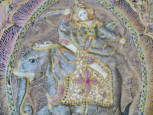 Fine Antique Burmese Kalaga Wall Tapestry Bead Glass Sequins Elephant Embroidery 7