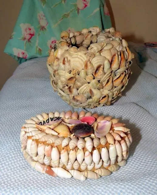 Vintage Shell Art Acapulco Souvenir Box And Round Vase Sailor's Valentines