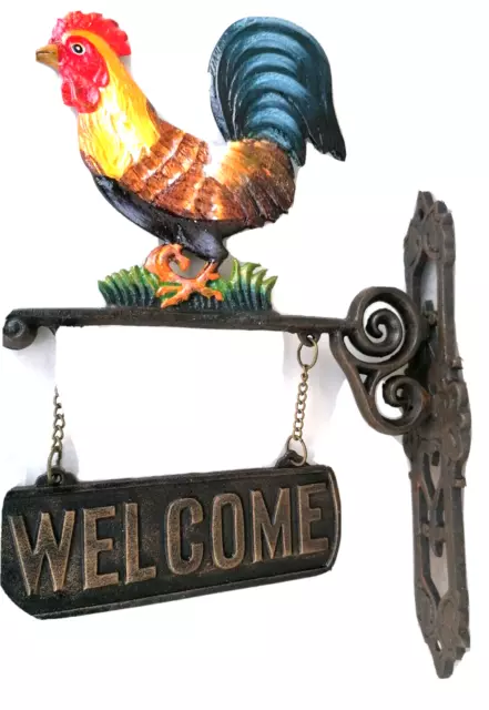 Wand Ausleger Welcome Hahn Empfang Begrüßung Eisenguss Antik Vintage Geschenk