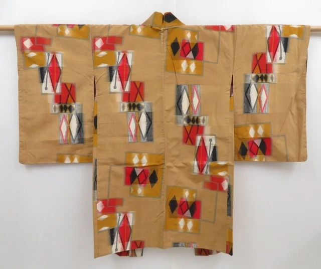 2924T01z540 Vintage Japanese Kimono Silk MEISEN HAORI Kasuri Yellow ochre