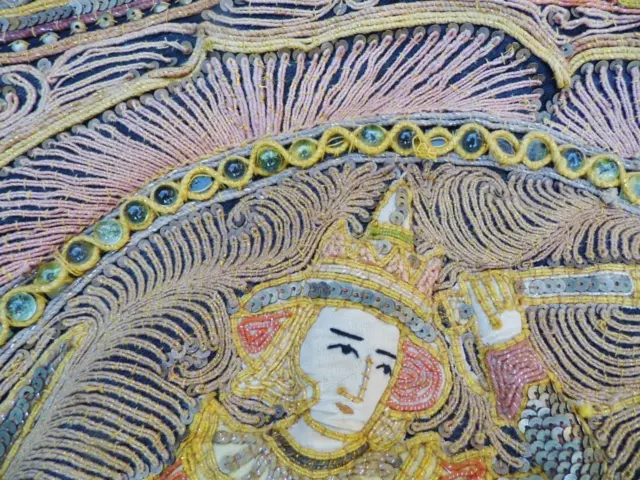 Fine Antique Burmese Kalaga Wall Tapestry Bead Glass Sequins Elephant Embroidery 12