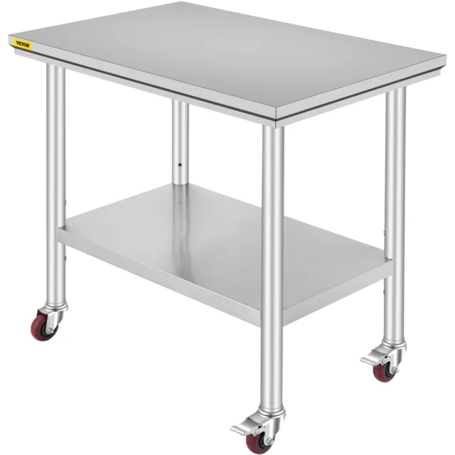 91X60CM Stainless Steel Work Table w/4 Casters Rectangular Double Overshelf