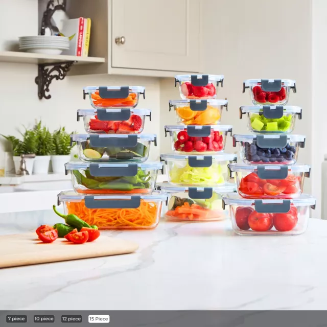 Neo Glass Food Storage Containers Set Snap Lock Lids Meal Prep 7, 10, 12 & 15 PC