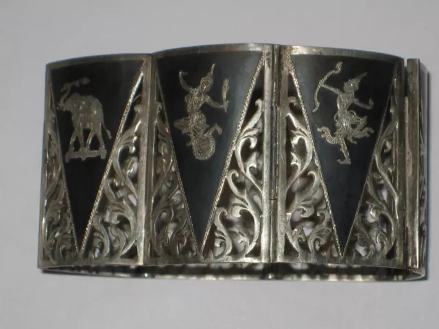 Atemberaubend Vintage Sterlingsilber Siam Niello Tänzer Breit Filigraner Armband