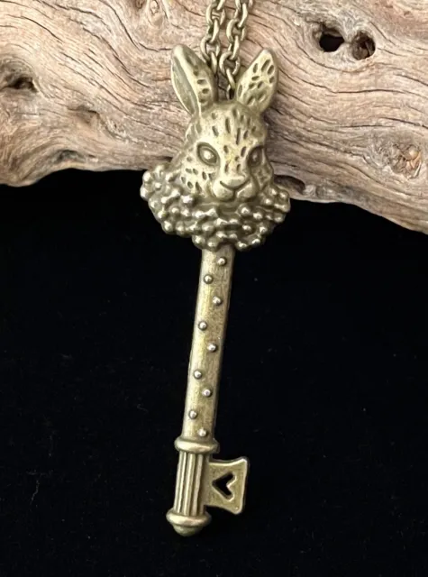 Skeleton Key Necklace Victorian Revival Bunny Rabbit Pendant