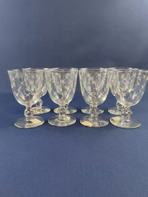 6 Mid-Century Modern clear / etched glass wine or water goblets c.1950s 1960s